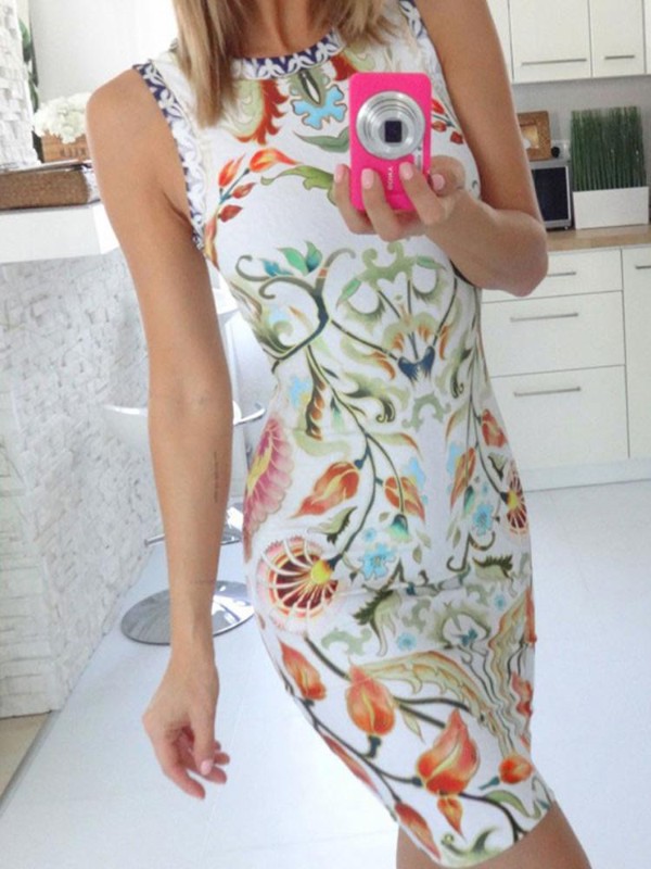 Sexy Retro-Mode bodycon Blumendruck Kleid elegante ärmellose Hüfte Paket Kleid