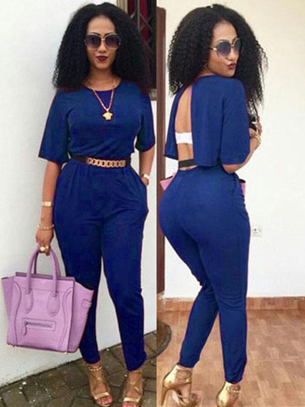 Casual Mode Djupa O-ringade korta ärmar Sexiga sommarbyxor Dam Backless Jumpsuit med bälte