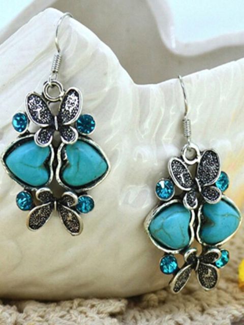 Retro Double Heart with Butterfly Design Long Earrings For Women Turquoise Dangle Female Earring