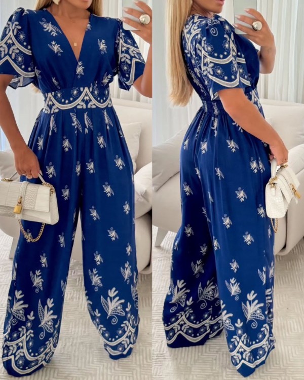 Floral Print Flutter Sleeve V-Neck Maxi Wide Leg Jumpsuit Casual Overalls