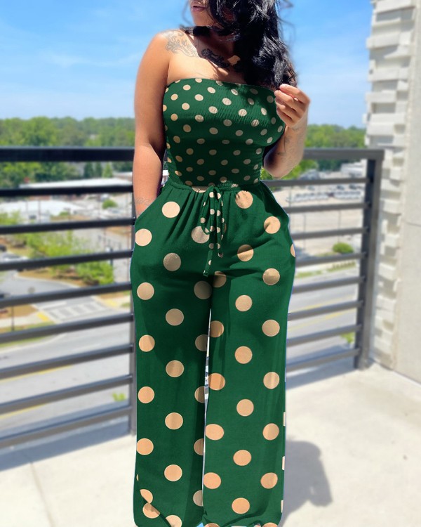 Polka Dot Drawstring Waist Wide Leg Shirred Tube Jumpsuit