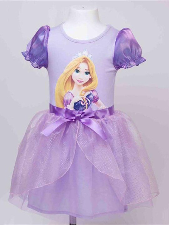 Moda lindo de dibujos animados blanco como la nieve niñas vestido de Europa Estilo Princesa Imprimir púrpura vestido de traje de Tutú niños traje