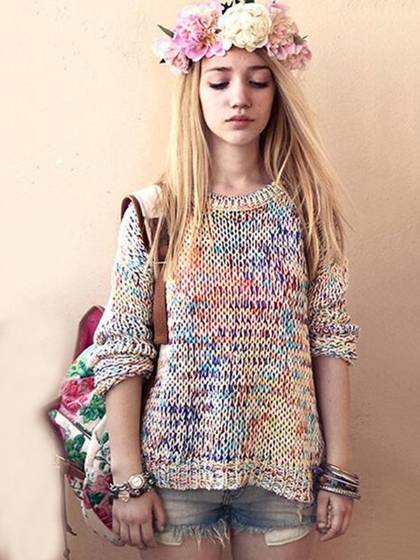 Estilo Euro Mujeres Niñas Suéter de manga larga jersey de punto suéter jersey de punto clásico suéter