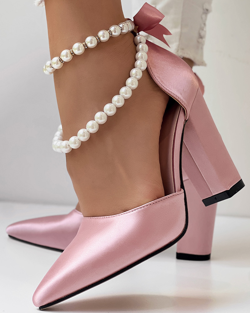 Pearls Strap Tied Detail Chunky Heeled Pumps