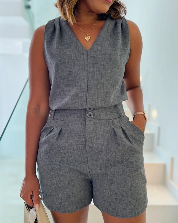 2 Pieces Summer Outfits V-Neck Sleeveless Ruched Tank and Casual Pocket Design Shorts Set