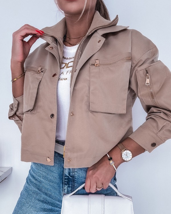Cargo Pockets Button Front Crop Jacket Casual Thread Collar Windproof Coat