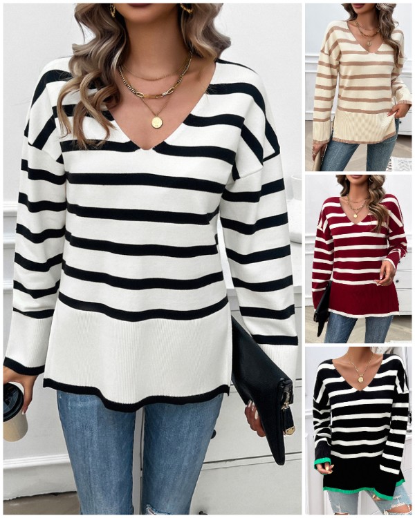 Striped V-Neck Long Sleeve Side Slit Knit Sweater