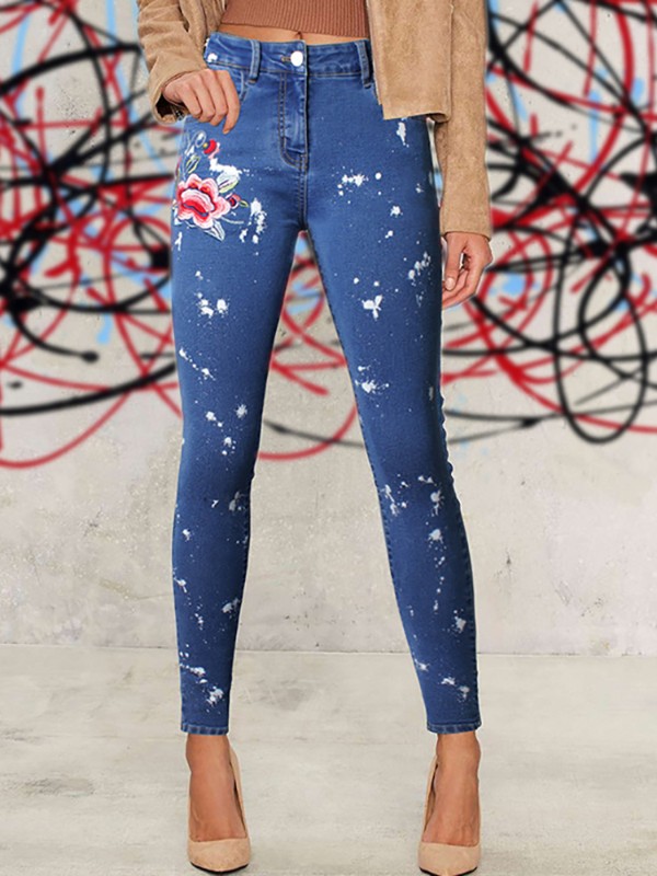 Sexy Floral Applique Spray Paint Denim Pants