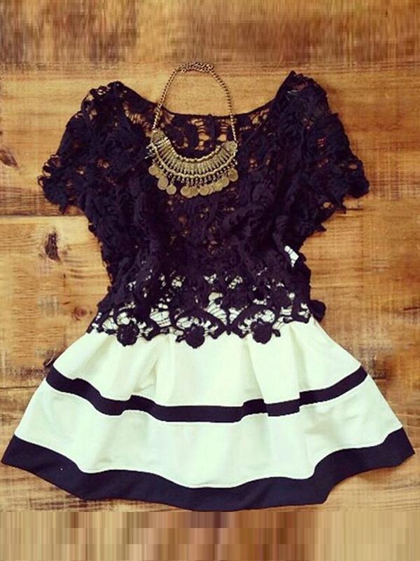 Kynþokkafullur svartur blúndur bolur kvenna Röndóttur línukjóll frjálslegur klæðnaður