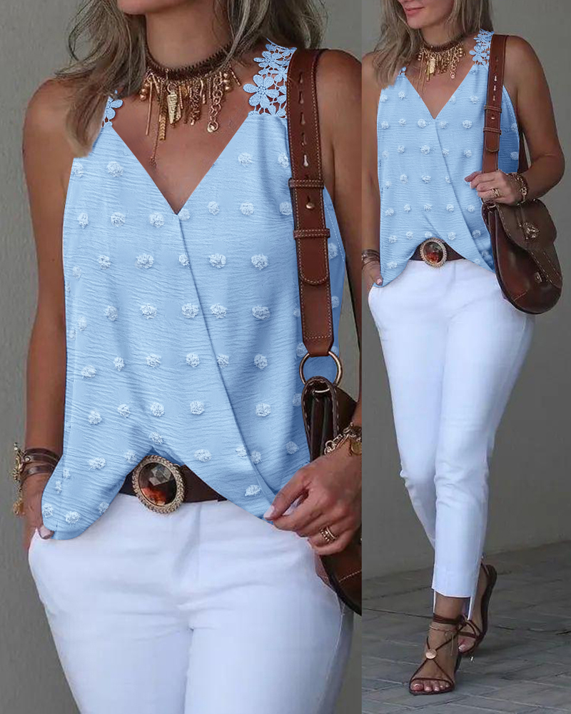 Jacquard Polka Dot Webbing Patch Criss Cross Tank Casual Loose Fit Sleeveless Top