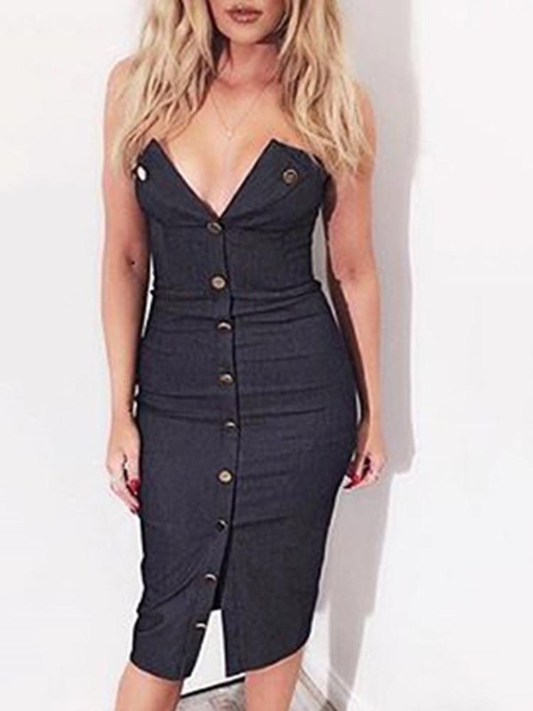 Holly Sexy Deep V-Neck Button Dress Robe moulante Mini-robe Clubwear Slim Fit