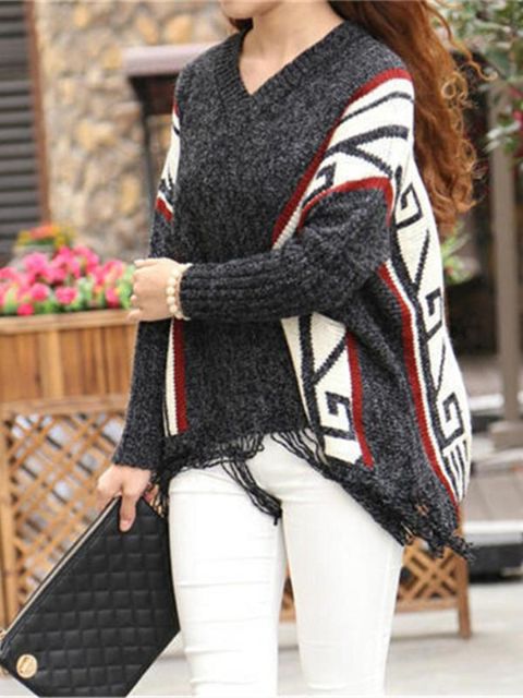 Moda de otoño de las mujeres sobre el tamaño Patrones geométricos Cálidos suéteres de manga corta Outwear