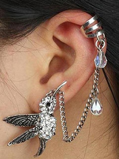 Moda feminina nova personalidade do estilo Punk Crystal Bird Tassel forma Ear Clip Ear Stud brincos