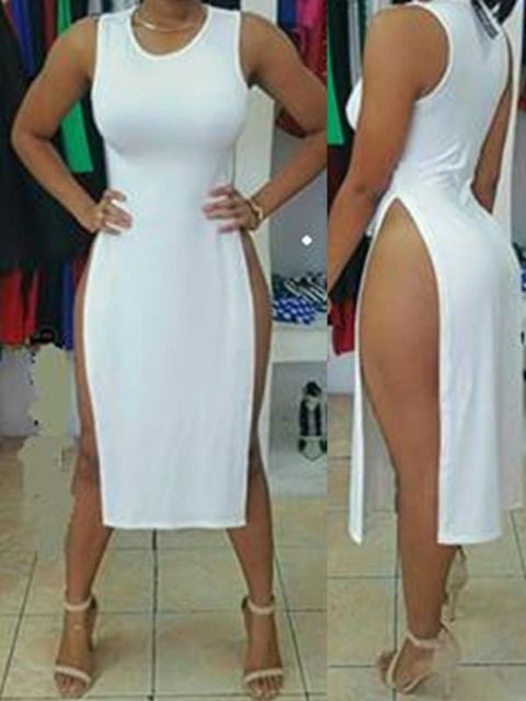 Venda quente das mulheres em torno do pescoço sem mangas Casual Vestido Side Split vestido branco