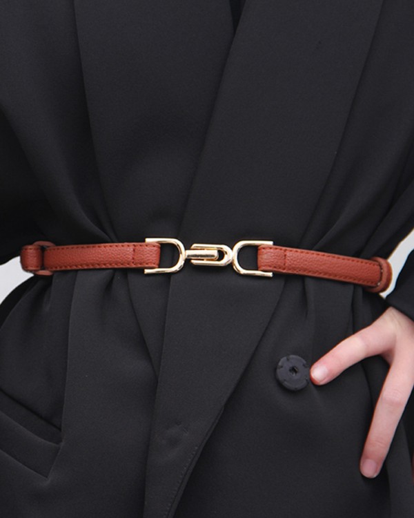 Thin Waist Belt Adjustable Dress Leather Belt with Gold Buckle