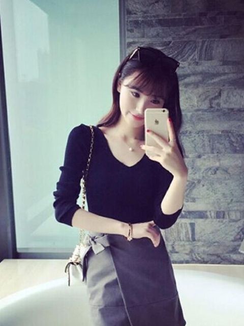 Frauen Langarm tiefem V-Ausschnitt Solid Pullover Rundhals Strick Pullover Slim Fit Strickwaren