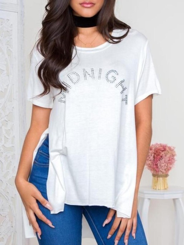 Neue Mode Frauen Diamant Pailletten Bluse T-shirt Casual Sommer Split Unregelmäßige T-shirt