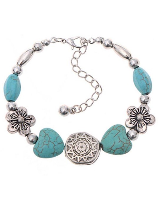 Hot Fashion Turquoise Beads Silver Plated Heart Flower Shape Bracelet Handmade Accessories Jewelry Gifts