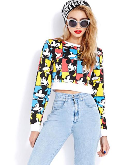 Disney Cute Mickey Mouse tryckt tecknade mönster Kvinnor Långärmad Cropped Top Sweatshirt Pullover Tops