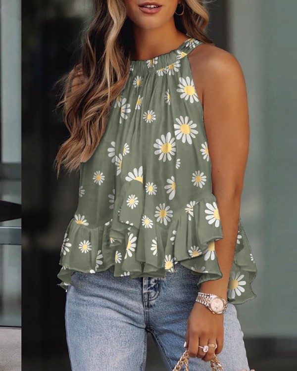 Daisy Print Layered Ruffles Sleeveless Top