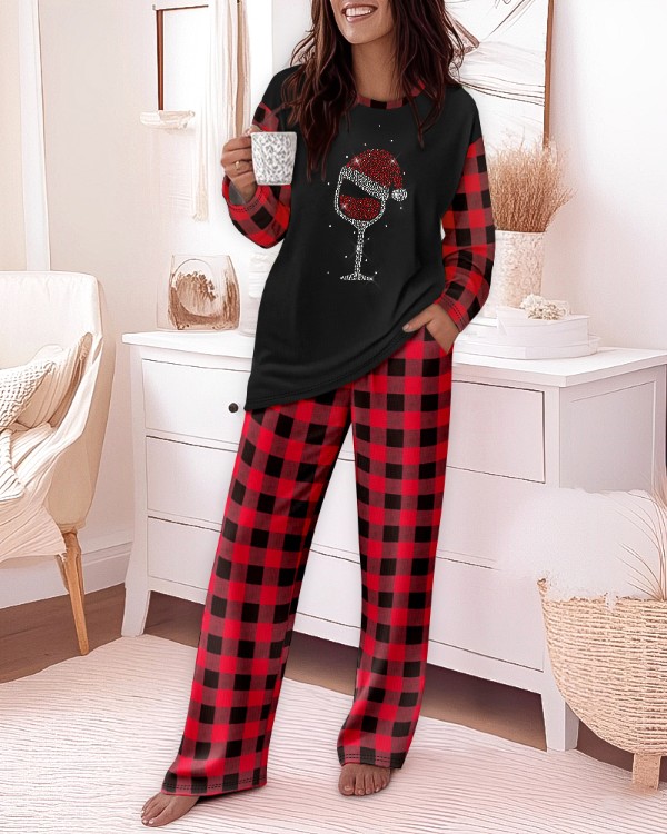 2 Pieces Outfit Rhinestone Christmas Santa Hat & Wine Glass Graphic Plaid Print Spliced Colorblock Long Sleeve Top and Plaid Print Elastic Waist Pants Set Casual Pajamas Set