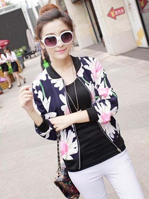 Kvinders koreanske stil solsikker blomsterprint kort frakke lynlås langærmet baseball jakke Unifroms