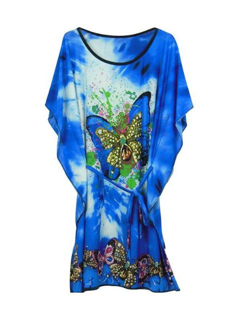 Mariposa de las mujeres Print Batwing manga Summer Beach Cover Ups con banda de cintura