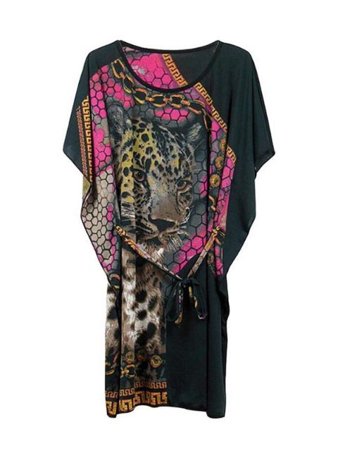 Kvinders Tigerprint Batwing ærme sommer strandovertræk med talje