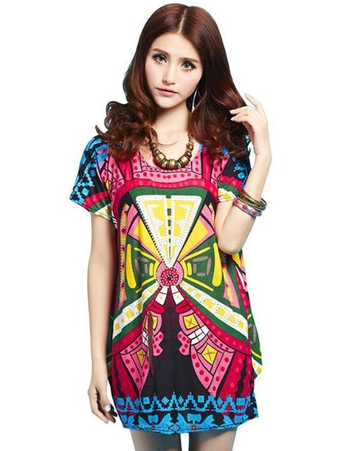 Frauen Bohemian Hippie Muster Kurzarm Lose Bluse Kleid Shirts Casual Kleider