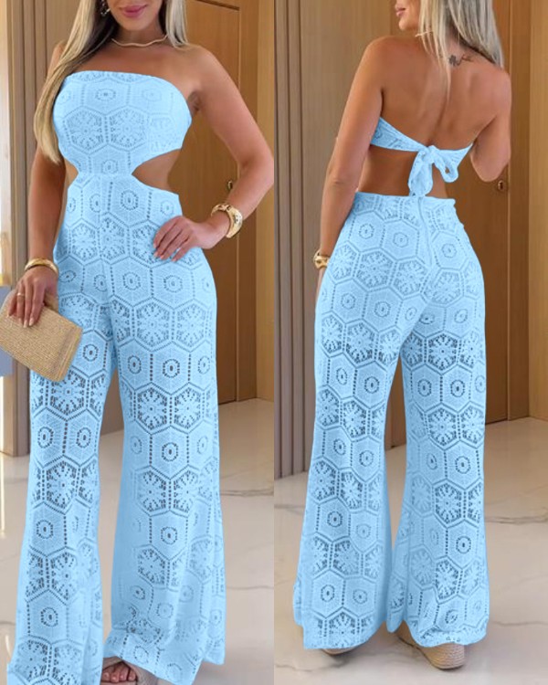 Bandeau Eyelet Embroidery Waist Cutout Tied Back Overalls Casual Zipper Back Wide Leg Jumpsuit With Lining