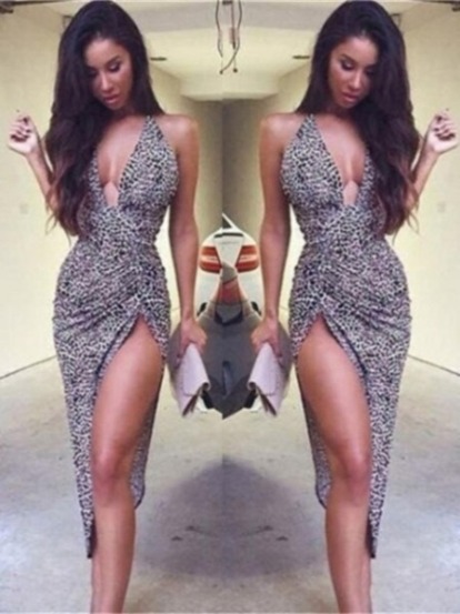 Kvinder Sommer Mode Sexet Dyb V-hals Strappy Slim Fit Side Slit Uregelmæssig Leopard Print Kjole