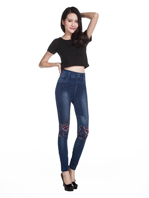 Women's Denim Look Skinny Leggings Fashion Stretch Pants Trousers Flower Patch Seamless Leggings