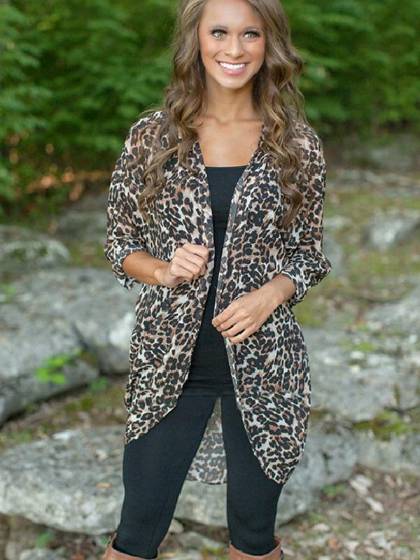 Mulheres Moda Leopard Patchwork Blusa Brasão Cardigan Vintage Tops