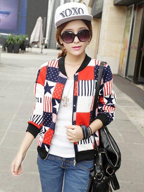 Frauen-koreanische Art-Staatsangehörig-Flaggen-Druck-Kurzschluss-Mantel-Reißverschluss-lange Hülsen-Baseball-Jacke Unifroms