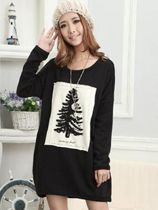 Jólagjöf frjálslegur kvenmanns furumynstur vetrarhlýr langerma bolur peysukjóll