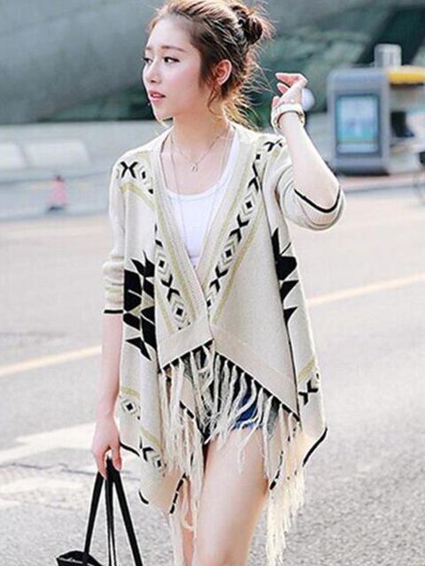 Vorhátíð tísku kvenna Yfirstærð bóhemísk stíll, hlýr ermi, skúfabolir, yfirfatnaður, prjónaður peysa, sjal
