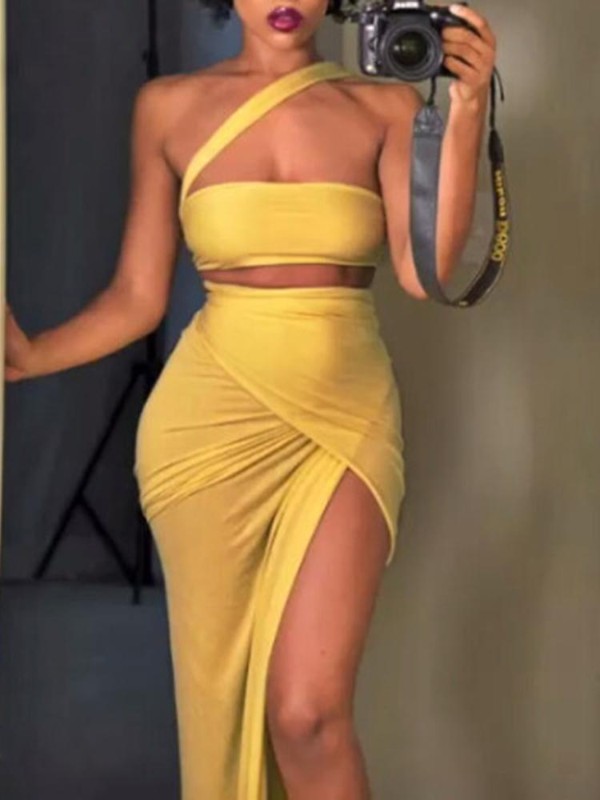Women Suit Sets Sexy Fashion 2PCS Yellow Bra Crop Tops + High Waist Long Split Irregular Skirt Sexy Sets