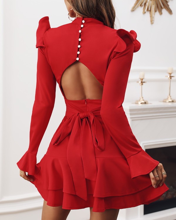 Download Solid Backless Ruffle Long Sleeve Dress Online. Discover ...