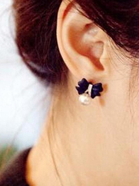 Fashion Jewelry Auger Sweet Bowknot Fashion Large Pearl Bow Tie Stud Earrings for Women