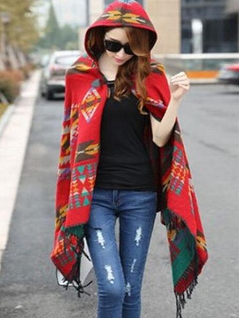 Dame Efterår Vinter Ny mode Overdimensionerede Ponco-kapper Boheme stil Langærmet kvast Nederdel Toppe Overtøj Sweater Sjal