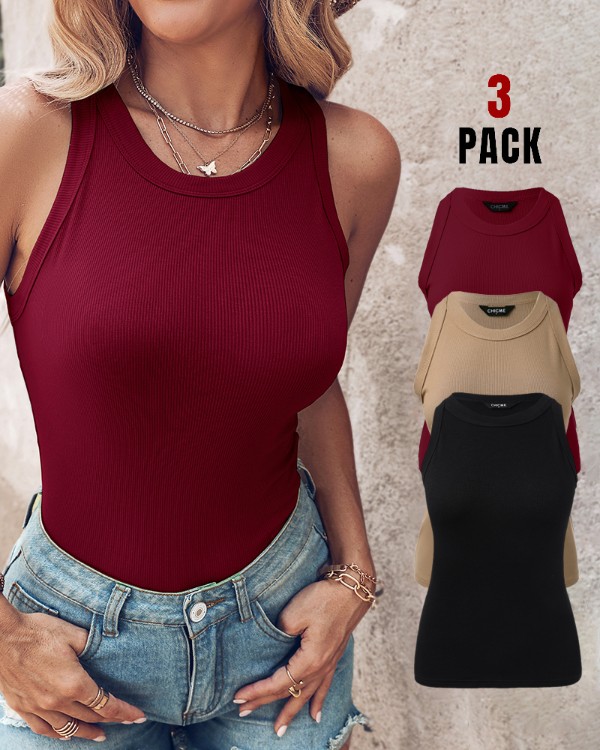 3-Pack Knit Round Neck Thick Strap Racerback Tank Tops(Without Pads)