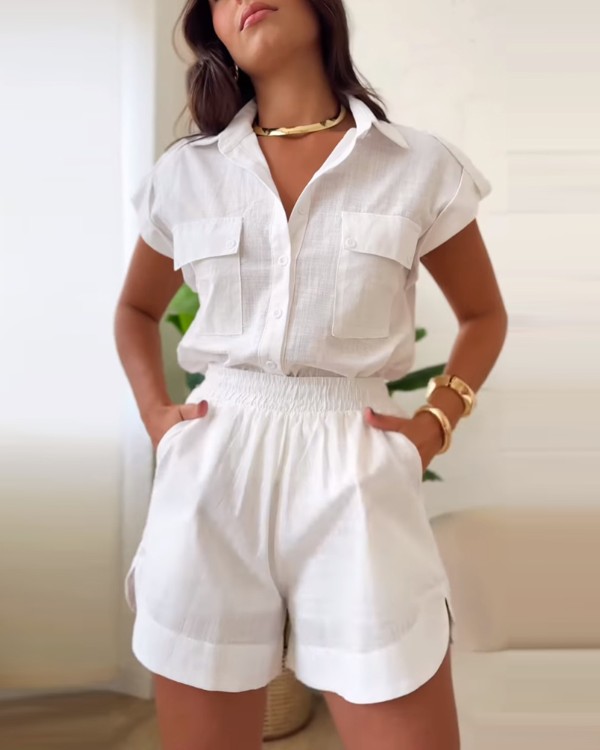 Turn-down Collar Short Sleeve Shirt Button Shorts Set with Pocket