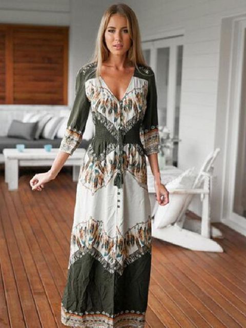 201509Automne Sexy V Neck Half Sleeve Dress Vintage Floral Printting Long Dress Maxi Dress