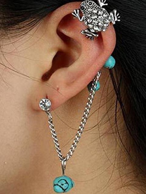 Women's Fashion New Personality Punk Gothic Crystal Frog Turquoise Design Ear Clip Ear Stud Earrings