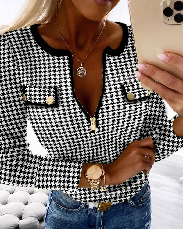 Houndstooth Print Zipper Design Flap Detail Top