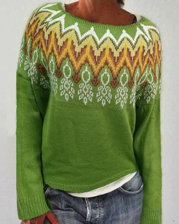 Geometric Pattern Boat Neck Knit Sweater