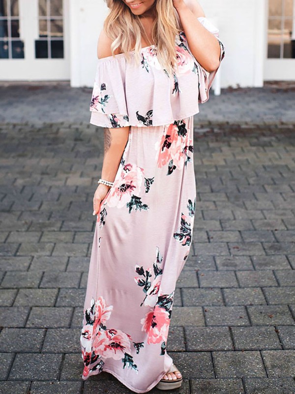 Floral Ruffled Shirring Off Shoulder Casual Maxi Dress