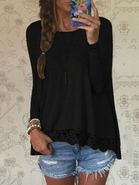 Moda feminina Sexy Lace Bottom Soft Manga Comprida Magro Casual Tops Blusa Básica T-shirt