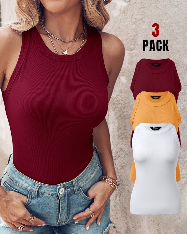 Þriggja pakka prjónaðir toppar með hringlaga hálsmáli og ermlausum rifbeinum og racerback (án púða)