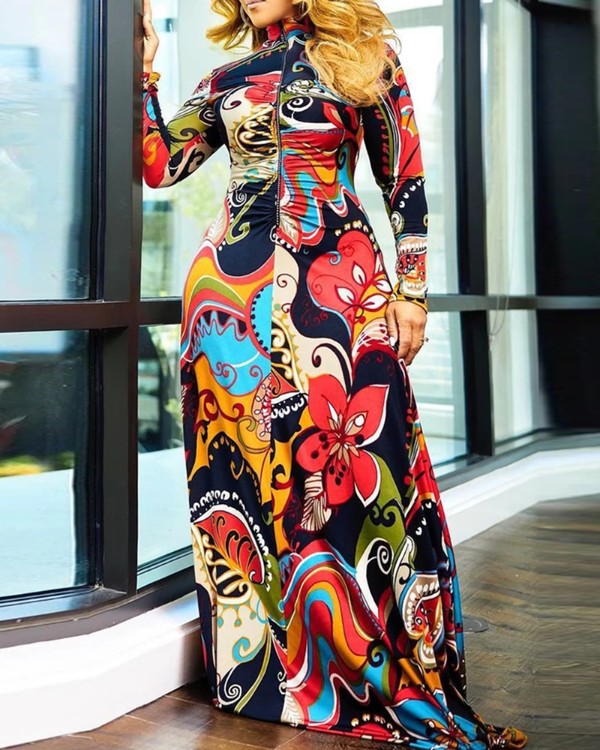 Graphic Floral Print Zipper Design Maxi Dress